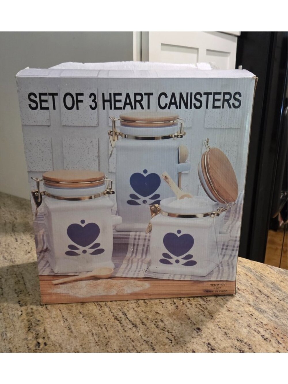 Vtg Blue Hearts Ceramic Canister Set 3 Jars & Wood Latch Lids Country Kitchen